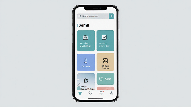����ΪSerhil App���ֻ������ͼ����������չʾ��ҳ����ģ�飬�Ű����ִ������Ϊ��ƽ����ƣ�ϸ�ڰ��������������͵ײ���������������ʾ��Serhil�������廭�ʣ������ɾ��޶���Ԫ�أ�ͻ���������Ĺ���