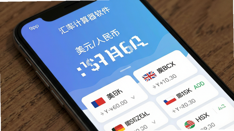 主体为手机屏幕界面,显示“汇率计算器软件”APP首页,布局清晰简洁,顶部展示美元/人民币实时汇率大字,下方排列常用货币对列表,风格扁平化现代UI,细节包含清晰的数字字体与柔和的蓝色背景渐变,画质高清,干净,无多余元素