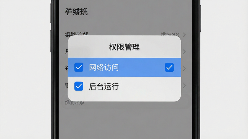 主体为手机设置界面,显示“权限管理”弹窗,高亮勾选“网络访问”和“后台运行”选项,布局居中,风格系统原生UI,细节包含蓝色勾选框与灰色背景,画质清晰,干净,无多余元素