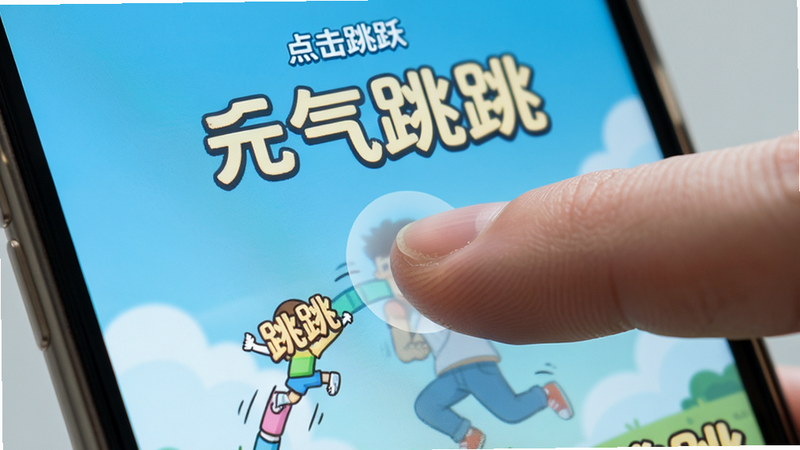 主体为一只手指点击手机屏幕的特写,屏幕中显示“元气跳跳”的跳跃轨迹,布局聚焦于手指与屏幕接触点,排版紧凑,风格为写实与卡通结合,细节展示手指按压动作,高清画质,干净,文字“点击跳跃”标注在屏幕上方