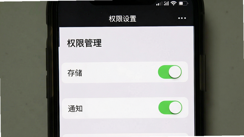 主体为手机设置界面截图,显示“权限管理”页面,重点高亮“存储”和“通知”权限开关,布局清晰,排版简洁,风格为iOS/Android通用UI风格,细节展示开关状态,高清画质,干净,文字“权限设置”标题在顶部