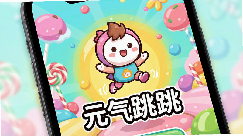 主体为手机屏幕特写,展示“元气跳跳”游戏界面,中央是一个可爱的卡通角色正在跳跃,背景是明亮的糖果色调,布局简洁清晰,排版居中,风格为扁平化卡通,细节丰富,高清画质,干净无多余元素,文字“元气跳跳”清晰可见