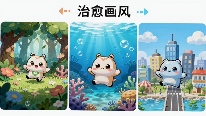 主体为“元气跳跳”的游戏场景展示,分为森林、海洋、城市三个板块,布局横向排列,排版整齐,风格为清新插画风,细节展示背景中的花朵、气泡和云朵,高清画质,干净,文字“治愈画风”位于顶部