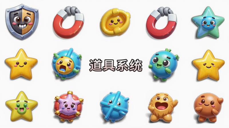 主体为“元气跳跳”中的道具图标集合,包括盾牌、磁铁、星星等,布局呈环形排列,排版对称,风格为3D卡通渲染,细节展示道具的光泽和阴影,高清画质,干净,文字“道具系统”居中显示