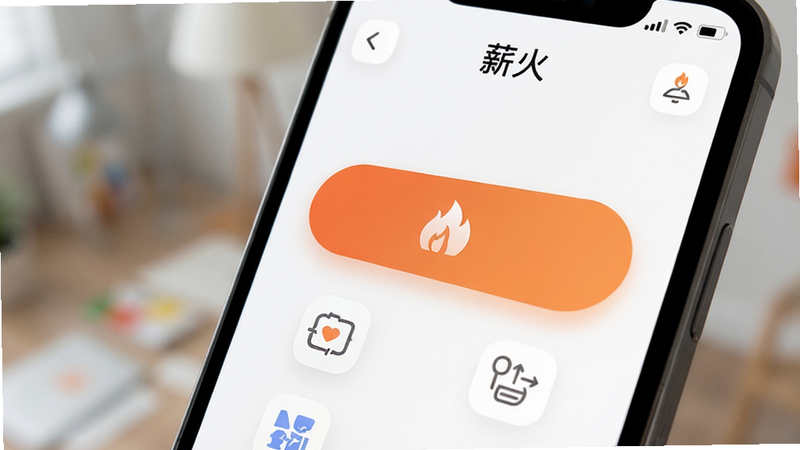 展示极简界面的特写图,手机屏幕占据主体,显示大按钮和清晰图标,背景虚化,强调界面的易用性,风格简洁明快,细节精致,画质高,干净,无多余元素,文字“薪火”在顶部
