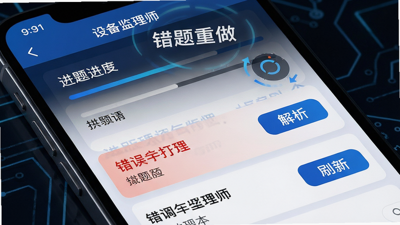 主体为手机屏幕特写,展示“设备监理师”APP的错题本页面,布局为列表形式,高亮显示错误题目与解析按钮,排版整齐,风格科技感强,细节包含进度条与刷新动画效果,画质高清,干净简洁,文字“错题重做”清晰