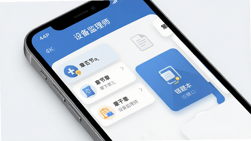 主体为一部现代智能手机,屏幕显示“设备监理师”APP界面,布局清晰展示章节选择与错题本入口,排版采用极简主义扁平化设计,风格专业严谨,细节处体现高清UI图标与柔和阴影,画质4k,干净无多余元素,文字清晰可见