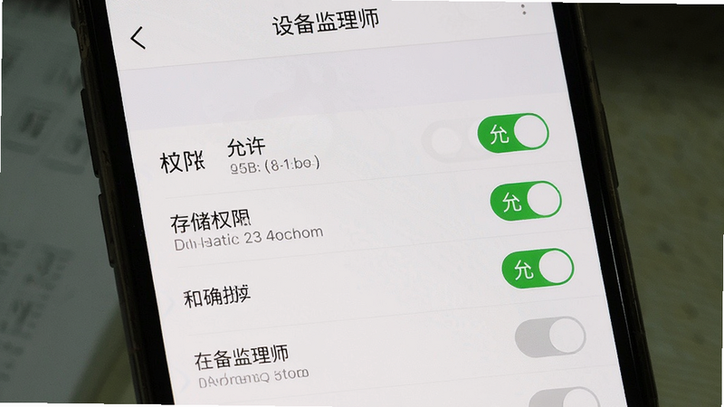 主体为手机设置界面截图,显示“设备监理师”APP的权限设置页面,布局为开关列表,排版简洁直观,风格系统原生,细节显示存储权限开启状态,画质清晰,文字“允许”高亮,无多余弹窗