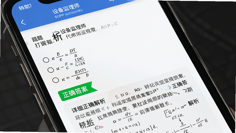 主体为手机屏幕展示题目解析页面,显示“设备监理师”APP的解析详情,布局包含题目、选项、正确答案标识与详细文字解析,排版逻辑清晰,风格专业辅助,细节显示公式与图解,画质高清,文字“解析”醒目,无广告干扰