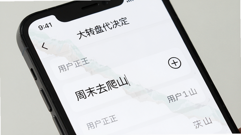 手机界面特写,显示“大转盘代决定”的编辑模式,屏幕上有一个列表,用户正在输入新的选项文字“周末去爬山”,旁边有一个加号图标。界面简洁,字体清晰,背景为白色,风格极简,画质细腻。