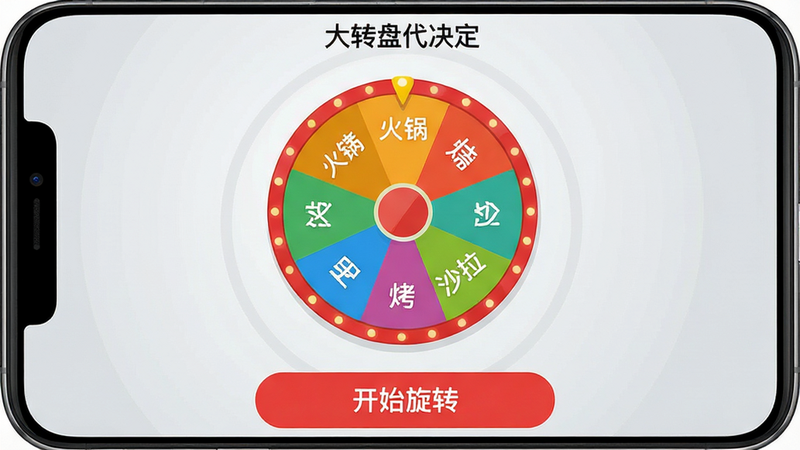 一张高清手机界面截图,主体是“大转盘代决定”App的主界面,中心是一个色彩鲜艳的圆形转盘,转盘被分割成多个扇形区域,每个区域写着不同的选项如“火锅”、“烧烤”、“沙拉”。界面底部有一个大的红色按钮写着“开始旋转”。背景为简约的浅灰色渐变,风格现代扁平化,画质清晰,无多余元素,文字清晰可读。