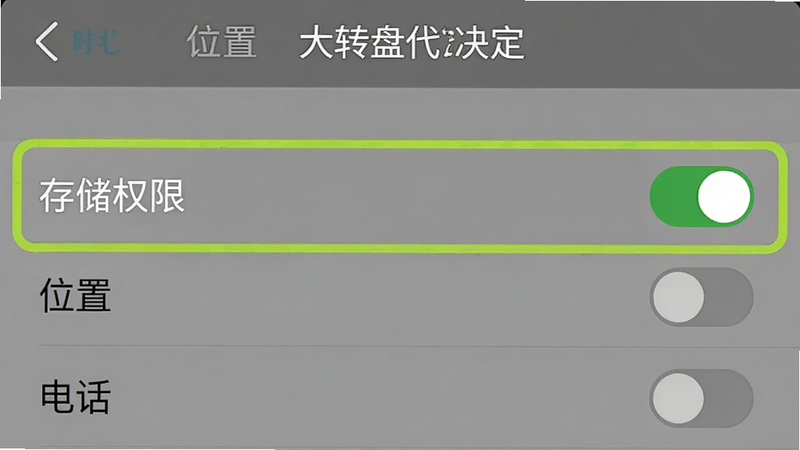 手机设置界面截图,显示“大转盘代决定”的权限管理页面,重点高亮显示“存储权限”已开启,其他权限如“位置”、“电话”均为关闭状态。界面清晰,文字可读,风格简洁,画质高清。