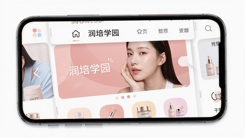 润培学园APP首页界面预览,主体为手机屏幕,显示清晰的导航栏、轮播图Banner和核心功能入口图标,布局采用扁平化设计,排版整洁有序,风格清新简约,细节处体现美妆护肤行业的柔和色调,画质高清,干净无多余元素,文字“润培学园”清晰可见,背景纯白,突出软件专业感