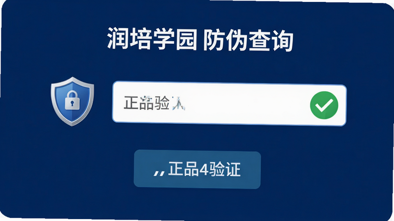 润培学园防伪查询界面,主体为输入框和扫描按钮,布局简洁直观,排版规范,风格科技严谨,细节包含盾牌安全图标和绿色验证通过标志,画质高清,干净无干扰元素,文字“正品验证”清晰,背景深蓝色,传递安全信任感