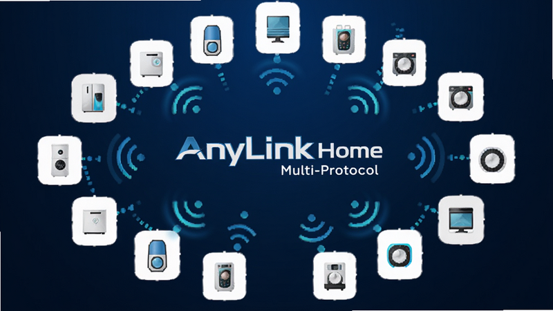����Ϊ�����ͬƷ�Ƶ����ܼҵ�ͼ������һ�𣬲��ֳʻ��ηֲ�������ΪAnyLink Home Logo�����Ƽ��У�ϸ����ʾ�ź����������������������ɾ����޶���Ԫ�أ����ְ���