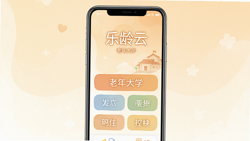 主体为乐龄云安卓APP手机界面展示,布局为垂直居中,排版清晰整洁,风格为温馨简约的UI设计,细节包含大字号菜单按钮和柔和的暖色调背景,画质高清,干净无多余元素,文字包含
