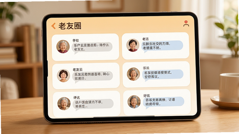主体为乐龄云社交界面展示,布局为卡片式列表,排版整齐,风格为温暖社区风,细节包含用户头像和评论气泡,画质高清,干净,无多余元素,文字包含