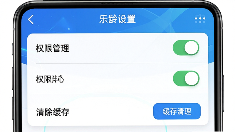 主体为乐龄云APP设置界面截图,布局为列表式,排版清晰,风格为科技感,细节包含权限开关和缓存清理按钮,画质高清,干净,无多余元素,文字包含