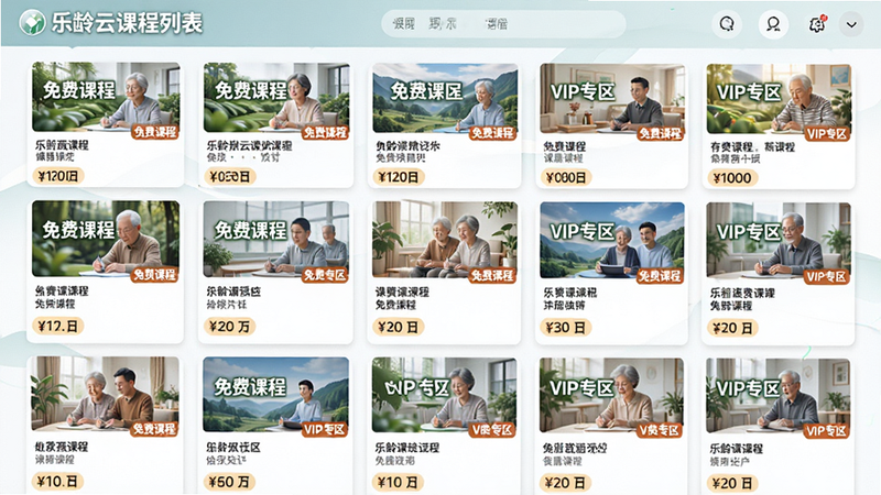主体为乐龄云课程列表界面,布局为网格状,排版整齐,风格为教育风,细节包含课程封面和价格标签,画质高清,干净,无多余元素,文字包含