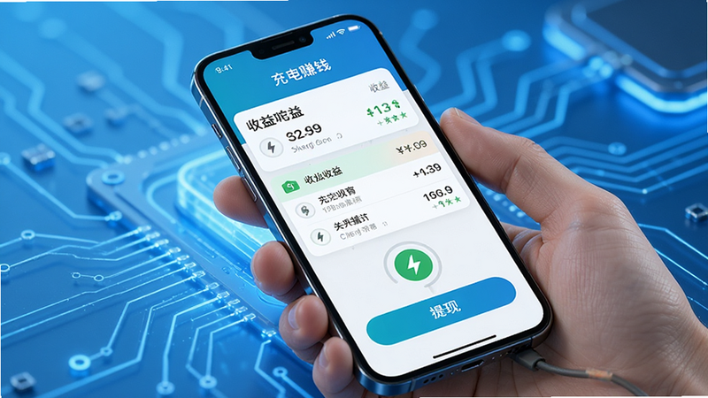 展示手机屏幕显示充电赚钱多应用界面,包含收益列表、提现按钮和充电状态图标,背景为简洁的蓝色科技感,画面清晰,无多余元素,高清画质