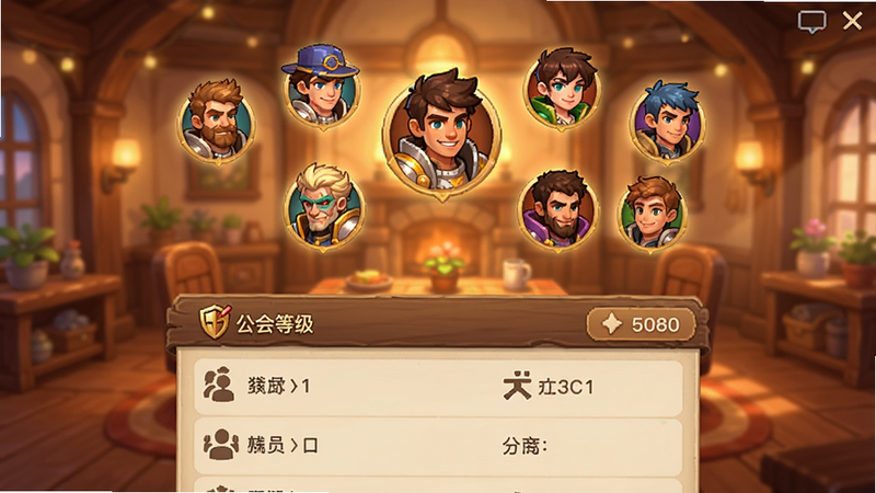 游戏公会界面展示,背景是温馨的虚拟大厅,多个游戏角色头像悬浮在空中,下方显示公会等级与成员列表,界面设计温馨友好,暖色调,展示社交功能