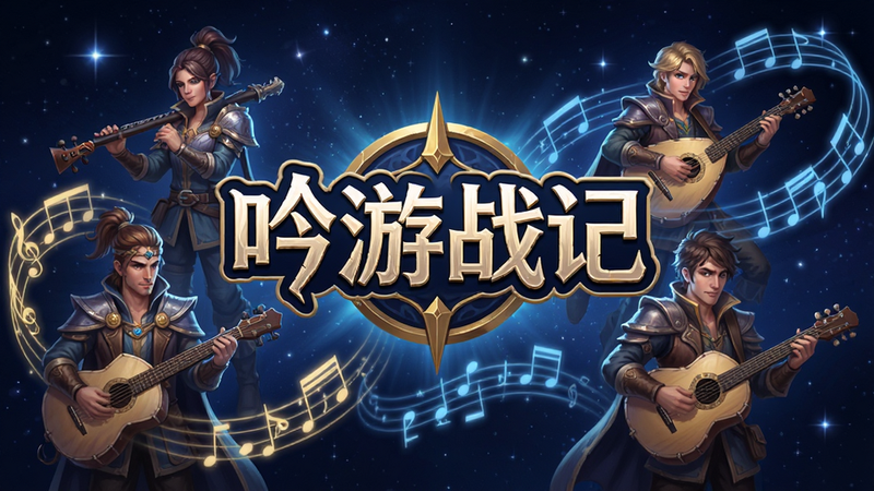 生成一张精美的游戏宣传海报,主体为《吟游战记》游戏Logo,周围环绕着几位手持乐器的奇幻风格英雄角色,背景是深邃的星空与流动的五线谱光效,构图中心对称,色彩以深蓝与金色为主,高清渲染,干净无多余元素,游戏主视觉预览图