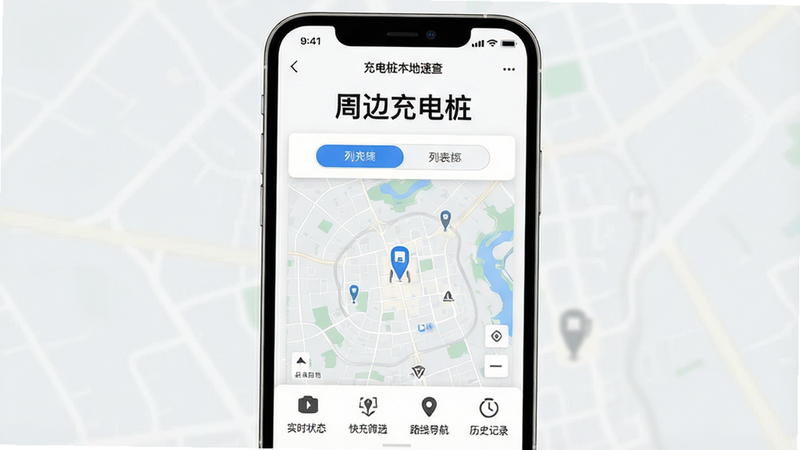 һ�ż�����������ֻ�Ӧ�ý���չʾͼ������Ϊ�����׮�����ٲ顱APP��ҳ������������������ʾ���ܱ߳��׮�����ֱ��⣬�м��ǵ�ͼģʽ���б�ģʽ�л���ǩ���ײ����ĸ�����ͼ�꣺ʵʱ״̬�����ɸѡ��·�ߵ�������ʷ��¼������Ϊǳ��ɫ�����ͼ������ƽ����ϸ�ھ��£����ʸ��壬�ɾ��޶���Ԫ�أ����������ɼ���