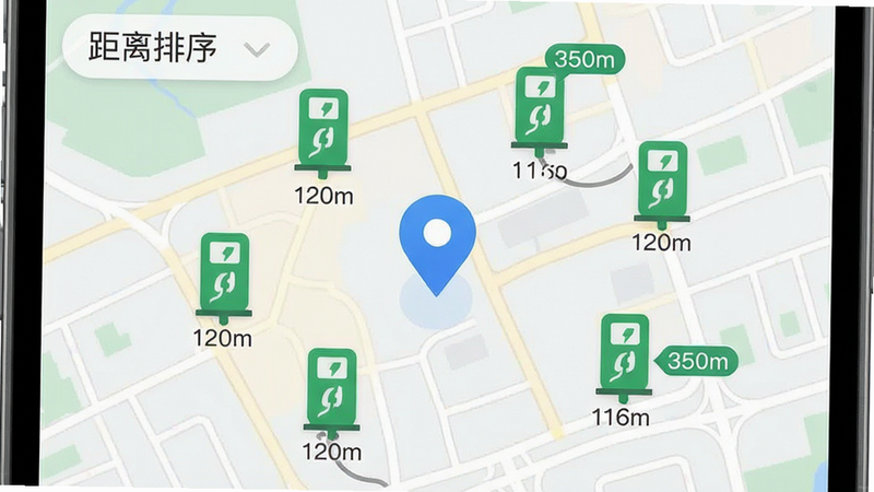 �ֻ���ͼ���棬������һ����ɫ��λ�㣬��Χ�ֲ��Ŷ����ɫ�ĳ��׮ͼ�꣬ͼ���ϴ��о������ֱ�ע��