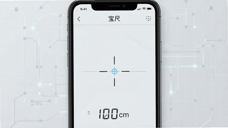 生成一张现代极简风格的手机界面预览图,主体为“宝尺”APP启动页或主测量界面,布局居中,排版清晰,背景为浅灰色科技网格,风格扁平化,细节显示屏幕上的十字准星和数字读数“100cm”,画质4k高清,干净无多余元素