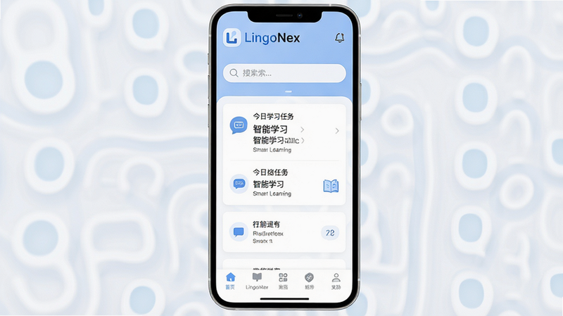����ΪLingoNexӦ����ҳ���棬���ֲ������½ṹ��������ʾLogo�����������в�չʾ����ѧϰ����Ƭ���ײ�Ϊ���ܵ����������Ϊ�ִ������ƽ����ϸ�ڰ���������ͼ�����͵�����ɫ�������ʸ��壬�ɾ��޶���Ԫ�أ���������Ϊ