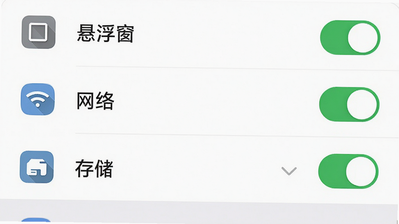 主体为手机设置界面截图,显示权限管理列表,其中