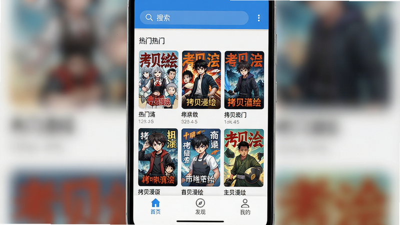 一张展示“拷贝漫绘”安卓应用主界面的高清截图,屏幕中央显示热门漫画封面网格,顶部有搜索栏,底部导航栏包含“首页”、“发现”、“我的”,整体风格极简扁平化,白色背景,蓝色主题色,UI设计现代干净,4k分辨率,无多余元素,真实APP界面质感
