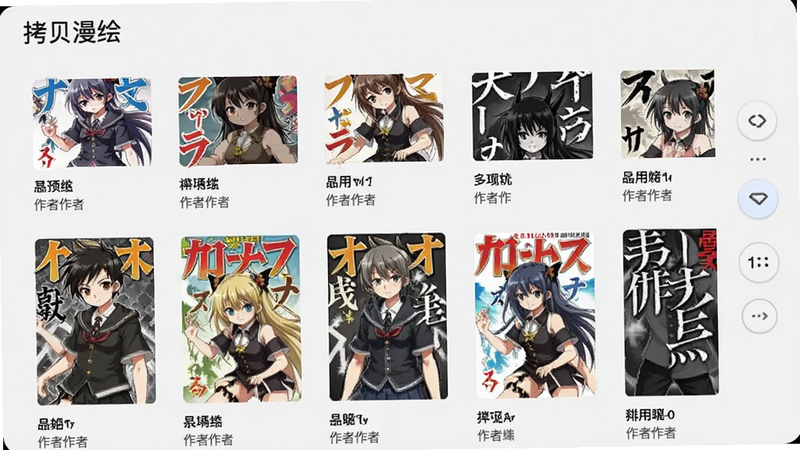 “拷贝漫绘”应用内的搜索结果页界面预览,显示多部漫画的封面列表,每张封面下方有书名和作者,右侧有排序筛选按钮,界面整洁,文字清晰,浅灰色背景,高保真UI设计,手机竖屏展示