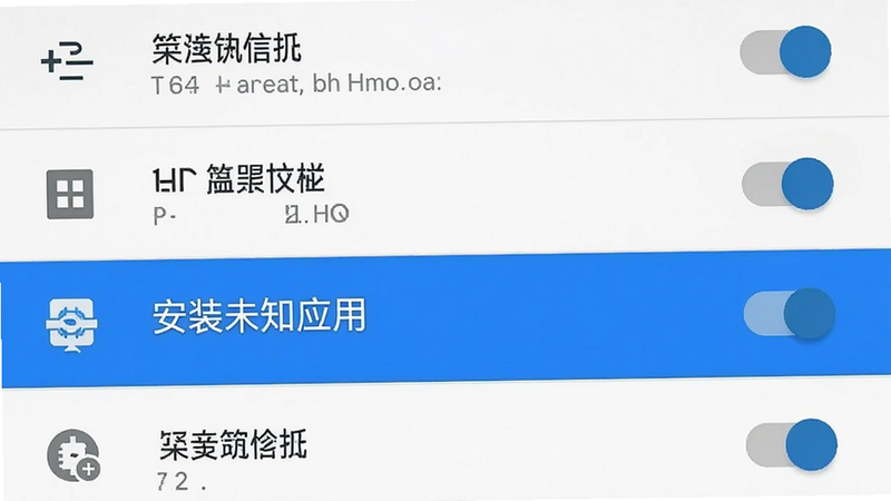 主体为手机设置界面截图,布局为垂直列表,高亮显示“安装未知应用”选项,排版简洁,风格为安卓原生UI,细节包含开关按钮和图标,画质清晰,干净,无多余元素