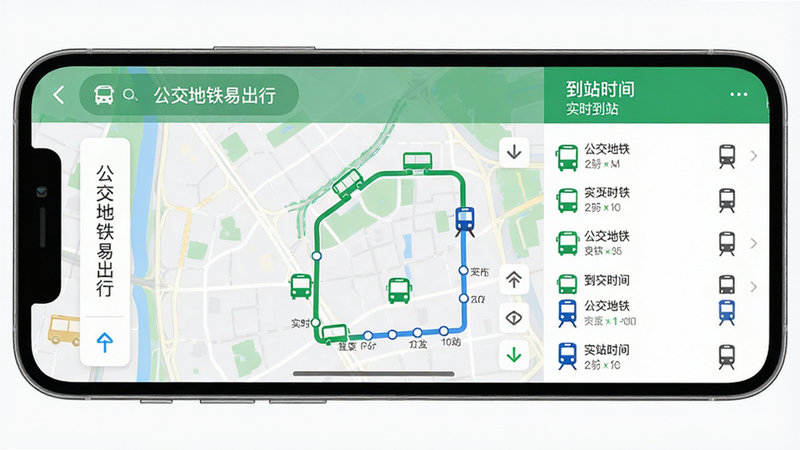 主体为手机屏幕界面,展示公交地铁易出行APP主页,布局清晰,左侧为搜索栏,中间为实时公交轨迹地图,右侧为到站时间列表,风格扁平化简约,细节显示绿色车辆图标与蓝色地铁站点,文字包含“公交地铁易出行”及“实时到站”,画质高清,背景干净无多余元素