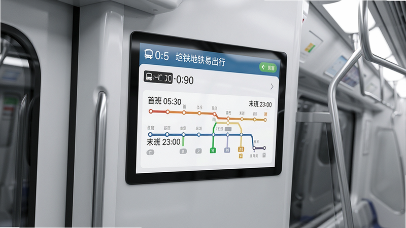 主体为地铁车厢内部视角,前方屏幕显示公交地铁易出行APP的时刻表界面,布局聚焦屏幕,风格现代简约灰白调,细节显示数字时钟与线路颜色标识,文字包含“首班 05:30”及“末班 23:00”,画质高保真,背景整洁无杂物