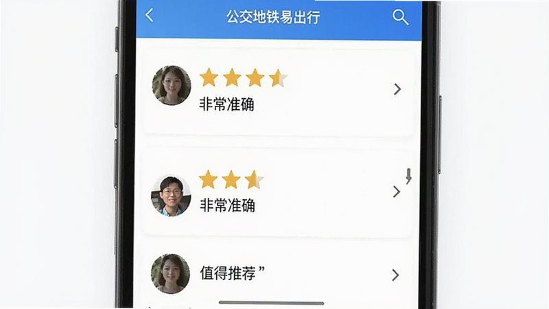 主体为用户评价界面截图,显示公交地铁易出行APP的五星好评列表,布局为纵向滚动列表,风格简洁白色背景,细节显示用户头像与五星图标,文字包含“非常准确”及“值得推荐”,画质清晰,背景干净