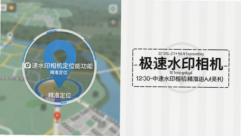 极速水印相机定位功能展示,主体为地图定位图标与水印样式的结合,布局为左右分栏,左侧显示地图定位动画,右侧显示生成的地址水印文本,排版对称,风格现代简约,细节展示经纬度坐标与中文地址,画质清晰,干净,无多余元素,文字包含
