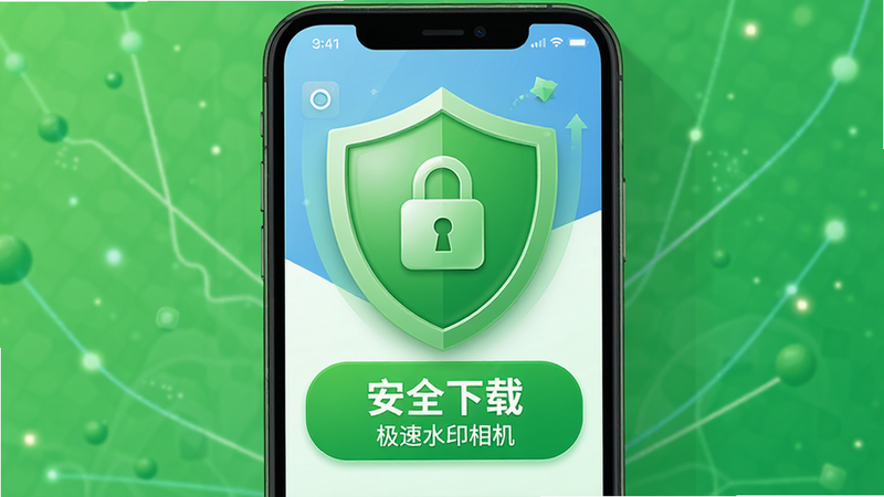安全盾牌图标与手机应用商店下载界面结合图,主体为绿色安全盾牌覆盖在手机下载按钮上,布局为居中构图,风格信任感强,细节展示安全锁标志,画质高清,干净,无多余元素,文字包含