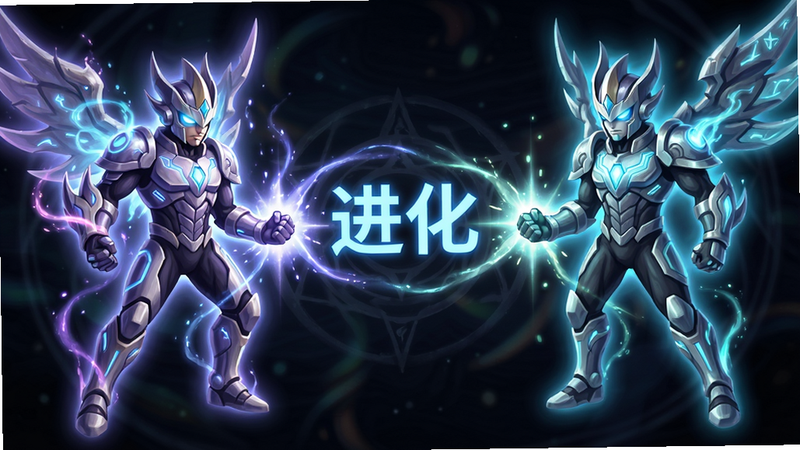 《超进化物语》角色进化过程的示意图,主体为两个不同形态的英雄角色通过光芒连接,布局对称,排版简洁,风格为魔法与科技融合,细节展现能量流动,画质清晰,干净,无多余元素,文字“进化”以发光字体显示在中心