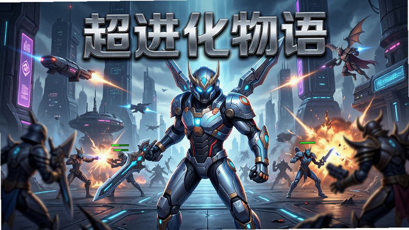 一张展示《超进化物语》游戏界面的高分辨率渲染图,主体为科幻风格的英雄角色站在战场中央,背景是充满科技感的战斗场景,布局紧凑,排版清晰,风格为赛博朋克与奇幻结合,细节丰富,画质极高,干净无多余元素,文字“超进化物语”以金属质感字体悬浮在顶部