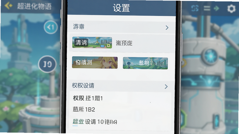 《超进化物语》手机端设置界面预览,主体为游戏设置菜单,布局纵向排列,排版清晰,风格为扁平化UI,细节展示画质选项和权限设置,画质清晰,干净,无多余元素,文字“设置”以白色字体显示在顶部