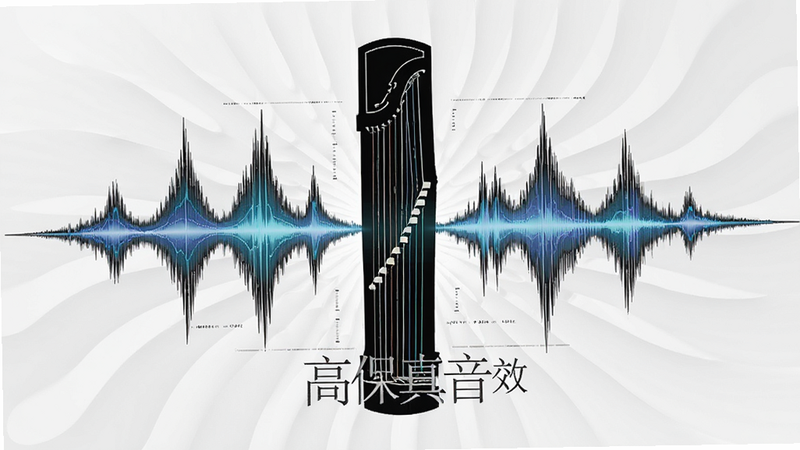 主体为抽象的声波可视化图形,结合古筝琴身剪影,布局呈放射状,排版现代简约,风格科技感与传统美学结合,细节展示声波频率变化,画质清晰,干净无杂点,包含文字