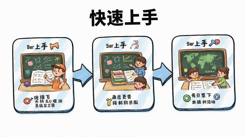 主体为教学步骤流程图,布局为从右至左的箭头连接,排版简洁明了,风格卡通插画,细节展示每一步的操作要点,画质明亮,干净背景,包含文字