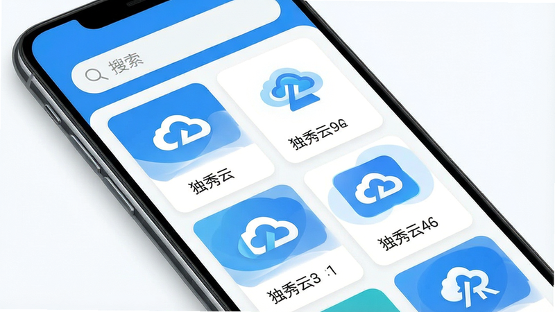 一张高清的智能手机屏幕界面展示图,主体为“独秀云”安卓应用主界面,布局清晰,顶部有搜索栏,中间是网格状的资源卡片,包含图标和文字“独秀云”,风格现代简约,蓝色与白色为主色调,细节精致,画质4k,干净无多余元素