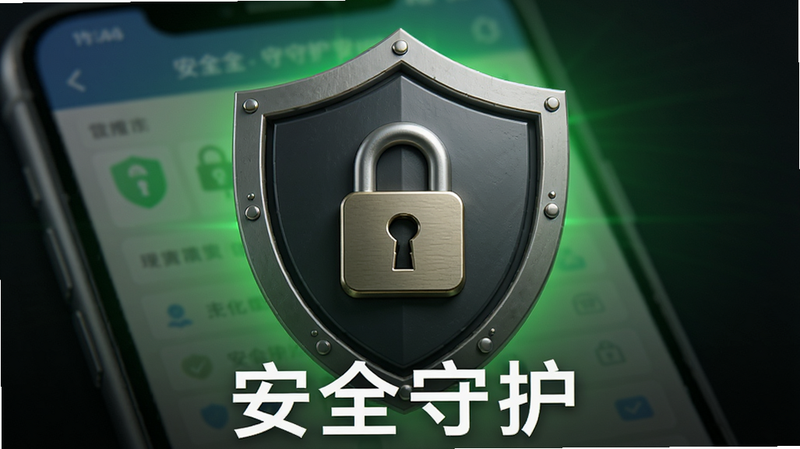 一个盾牌图标,盾牌中间有一个锁,背景是绿色的安全光晕,手机界面隐约可见,文字“安全守护”位于下方,风格稳重可靠,细节精致,画质清晰,干净无多余装饰