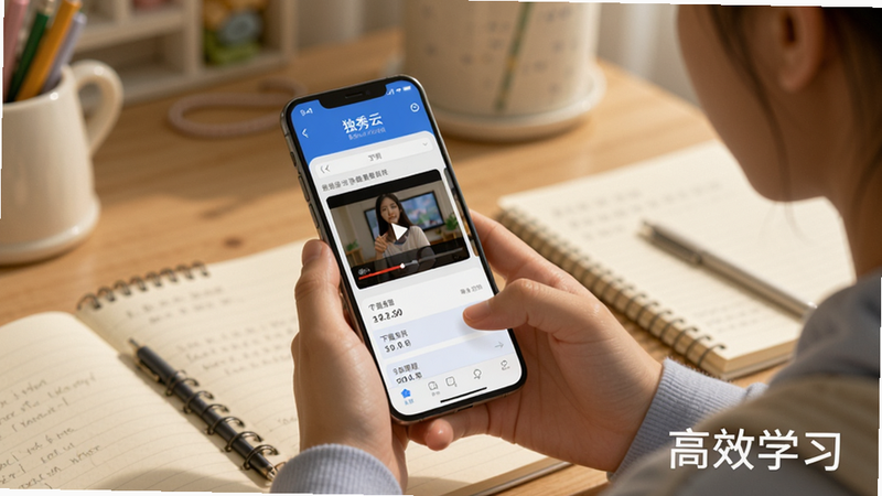 一张学生使用手机学习的场景图,屏幕上显示“独秀云”界面,正在下载或播放视频课程,背景是书桌和笔记本,光线柔和,文字“高效学习”位于角落,风格温馨专注,细节丰富,画质清晰,干净