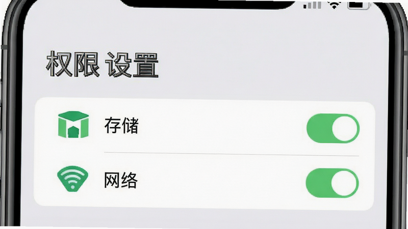 一张手机设置界面的示意图,显示权限管理页面,勾选了“存储”和“网络”权限,背景为浅灰色,文字“权限设置”清晰可见,风格简洁直观,细节清晰,画质高,干净无多余元素