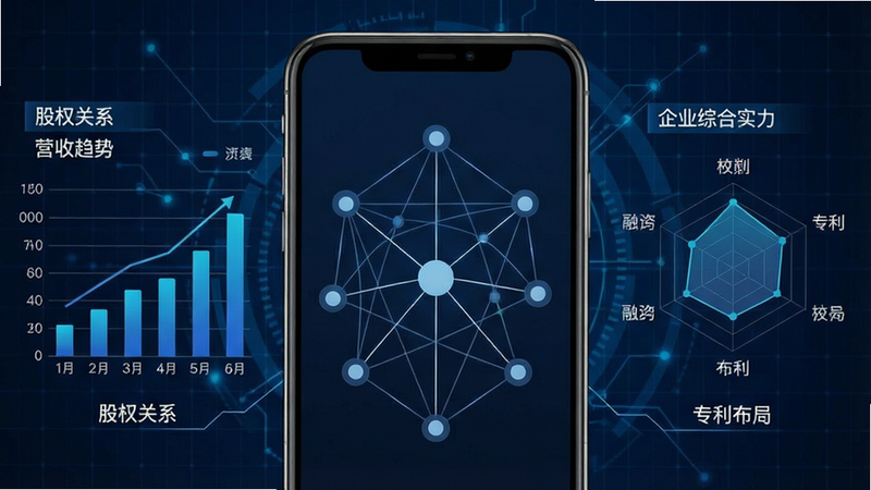 一张展示企业数据分析界面的概念图,主体为手机屏幕,屏幕上显示着复杂的企业关系图谱和网络节点,节点之间由线条连接,代表股权或业务关联。背景为深蓝色科技网格,突显数据连接的复杂性。界面左侧有柱状图展示营收趋势,右侧有雷达图展示企业综合实力。文字标注“股权关系”、“融资历程”、“专利布局”。风格为数据可视化,极简主义,高对比度,清晰易读,4k画质。