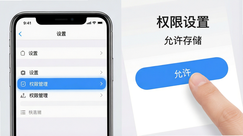 一张移动端APP操作教程示意图,画面分为左右两部分,左侧显示手机界面中“设置”菜单打开状态,高亮显示“权限管理”选项;右侧显示一个手指点击“允许”按钮的特写。背景为柔和的浅灰色,突出操作焦点。文字标注“权限设置”、“允许存储”。风格简洁明了,图标化表达,无复杂背景,高清细节。